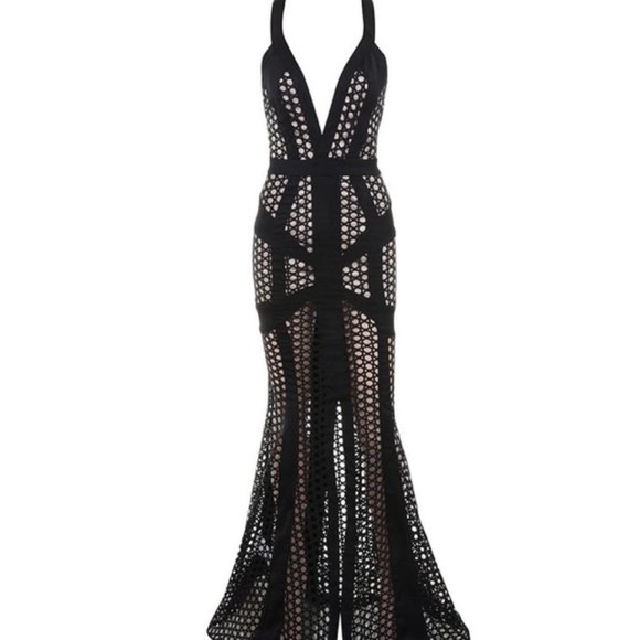 Chapou Black Semi Sheer Graphic Net Maxi Dress - Picture 2 of 13